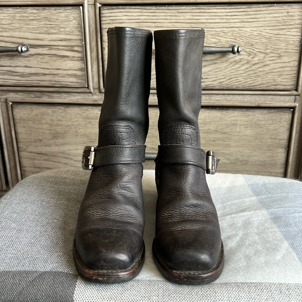 FRYE Moto Engineer Buckle Square Toe Black Distressed Leather Cuban Heel Boots